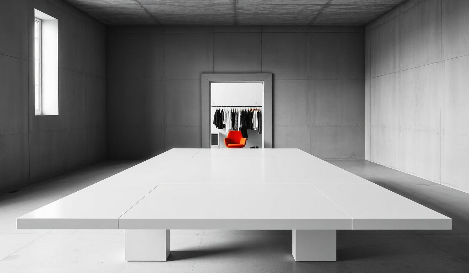 Brutalist concrete boardroom with a long white monolithic table, a single signature orange chair pulled out at the head, and a wheeled garment rack of sample pieces in the background — the strategic image for the FashionOS brands plan
