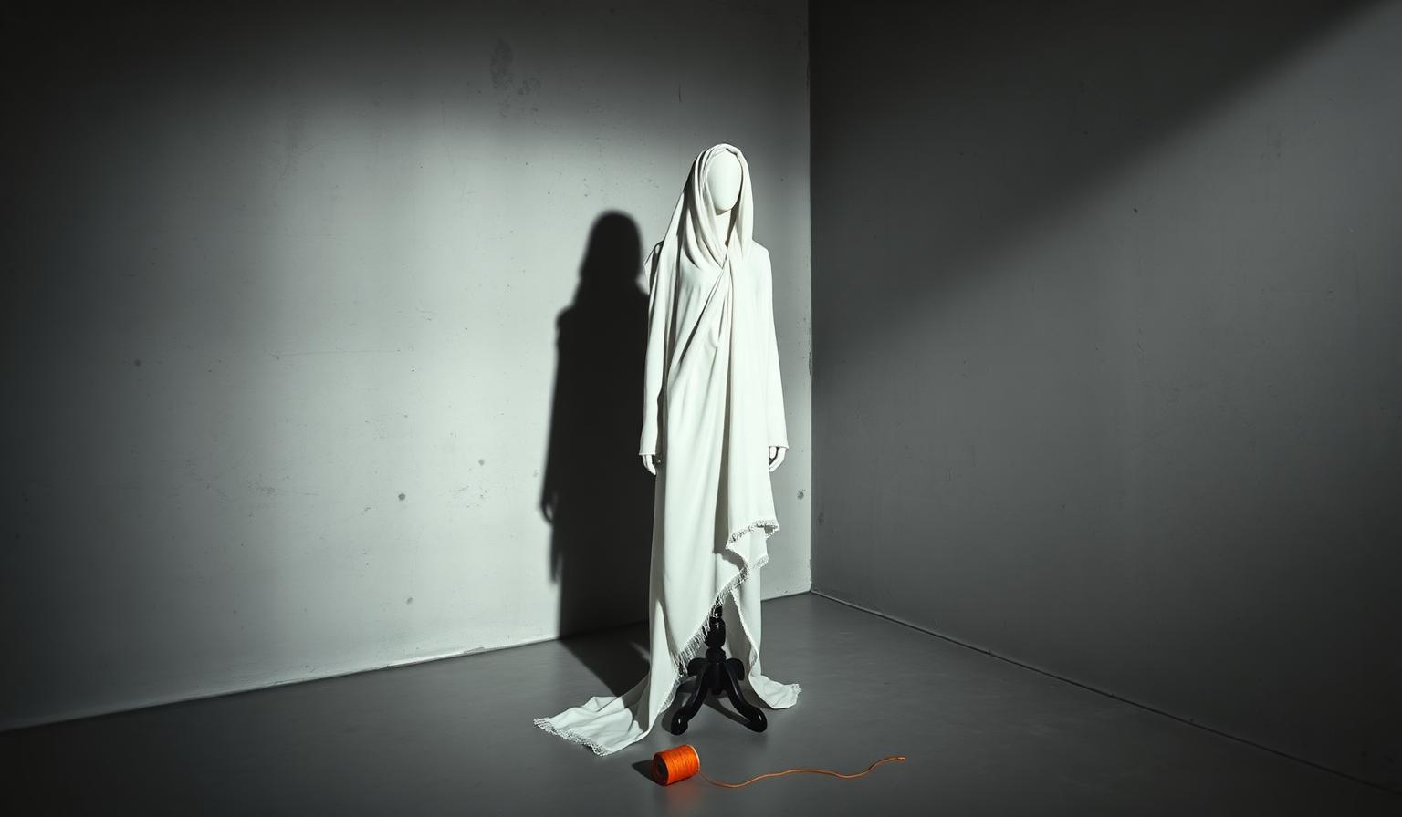 A white muslin-draped fabric figure stands at the center of an empty concrete atelier, an orange thread spool resting on the polished floor at its feet — a brutalist still life representing the FashionOS designer community gathering space