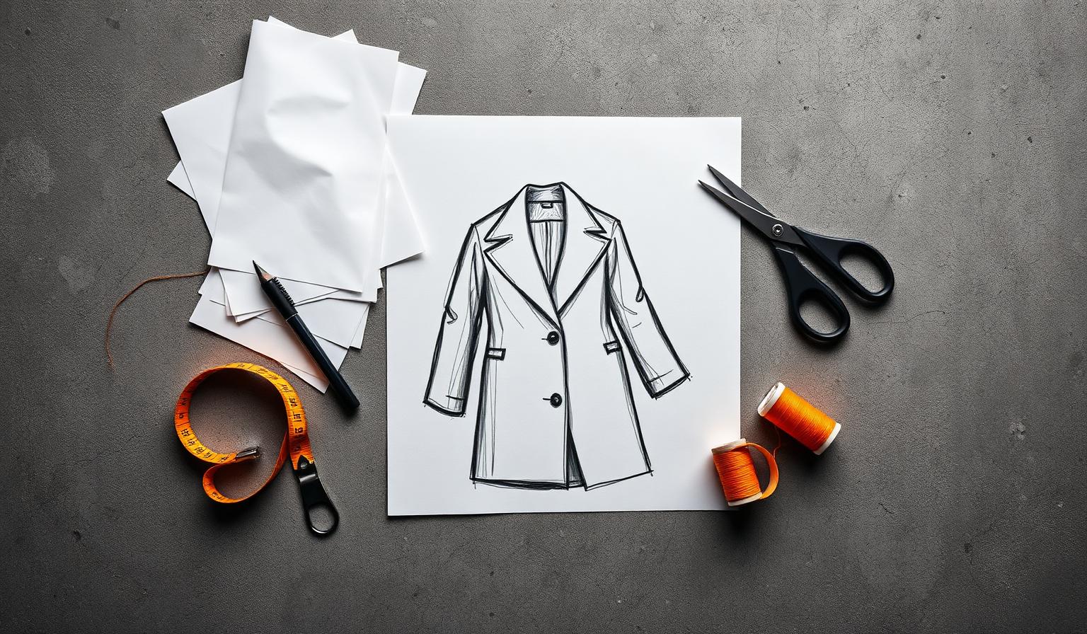 Independent designer's workbench shot from above: kraft paper patterns weighted with stones, long tailoring scissors, a half-finished charcoal sketch and a single orange thread spool — the working portrait for the FashionOS designer plan