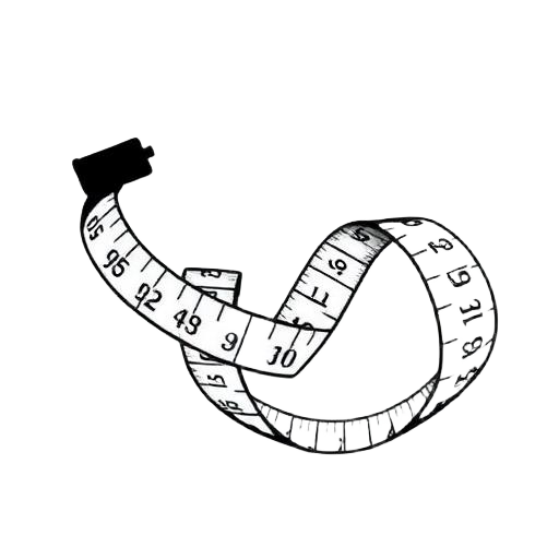 Measure — Brutalist black line icon of a coiled tailor's measuring tape with marked increments, used to mark sizing and measurement tools in FashionOS