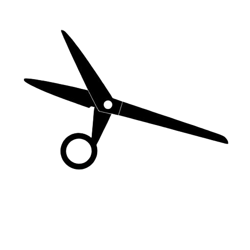 Cut — Brutalist black line icon of a pair of long tailoring scissors with one blade open, used to mark cutting and pattern actions in FashionOS