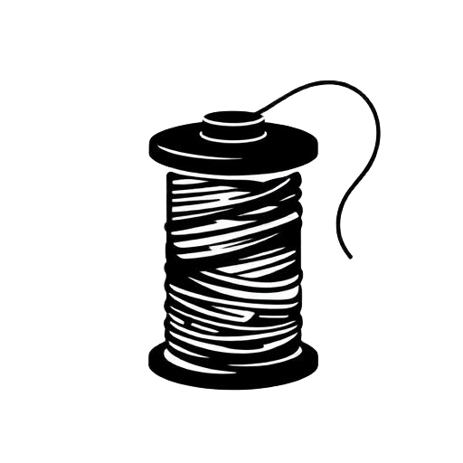 Thread — Brutalist black line icon of an upright thread spool wound with thread, used to mark trims, thread and finishing options in FashionOS