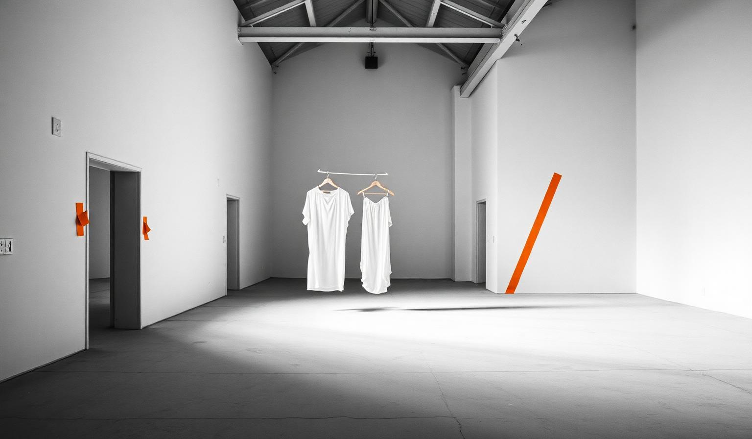 Empty white atelier hall photographed in flat daylight, a single draped muslin garment suspended mid-frame and one hand-painted orange mark on the rear wall — the visual cue for FashionOS generative garment intelligence
