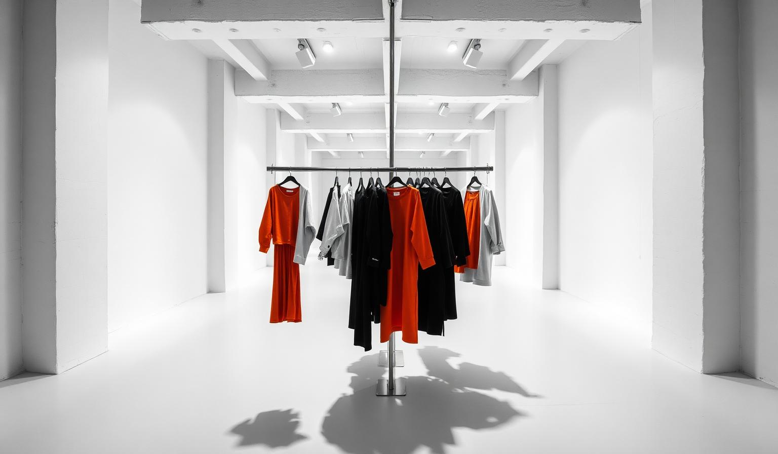 Long white showroom with polished concrete floors and a single horizontal steel rail of hung sample garments, one bright orange piece breaking the monochrome line at center — the storefront image for the FashionOS marketplace