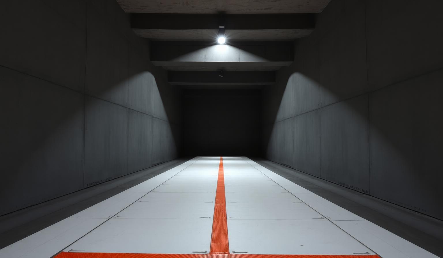 Empty white concrete runway viewed head-on, lined by a single uninterrupted orange floor stripe that vanishes into pure black at the horizon — the editorial keyframe for the FashionOS showcase gallery