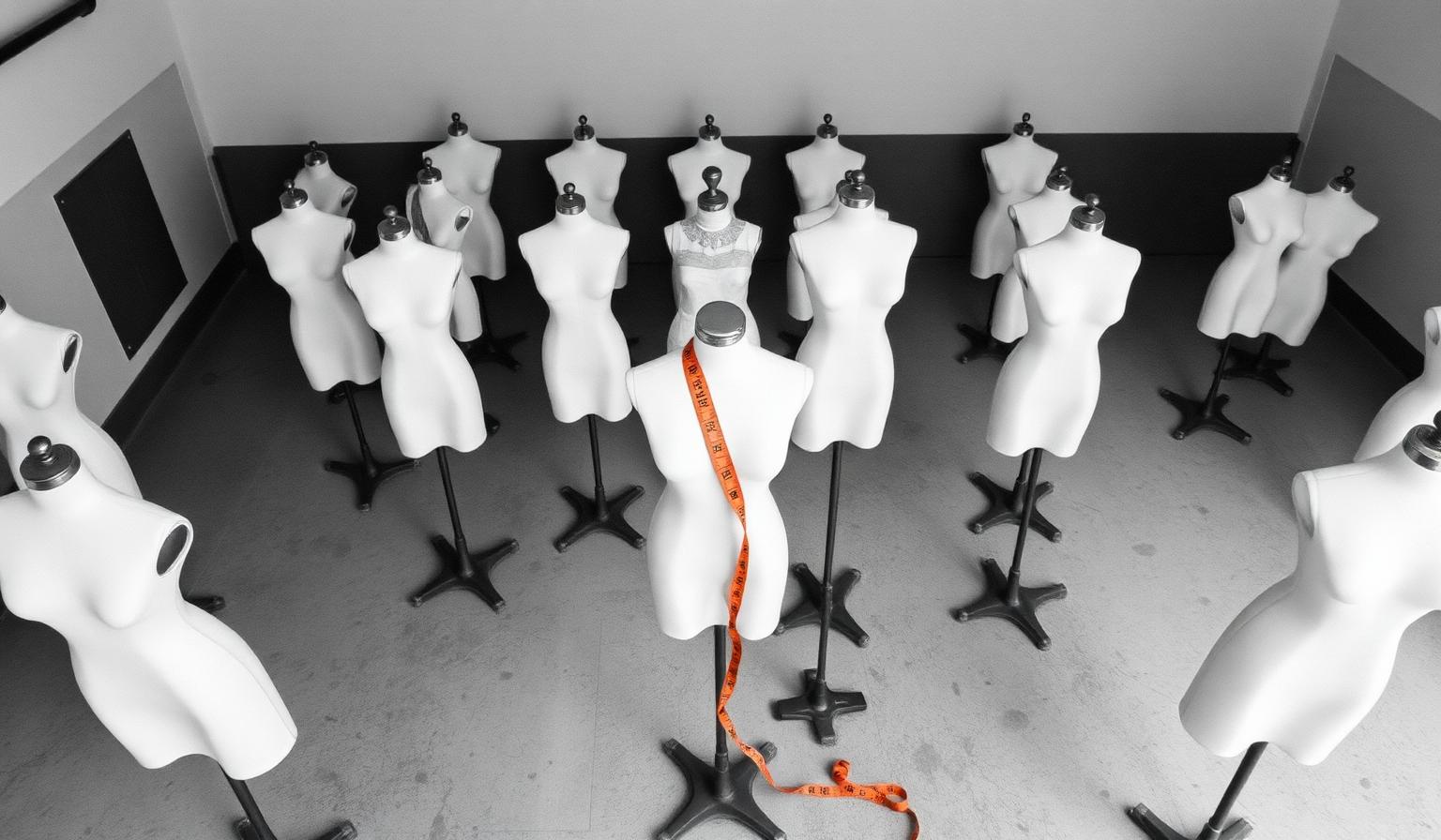 A row of white canvas dress forms standing in a sunlit student studio with concrete floors, one form wrapped diagonally by a bright orange measuring tape — the welcoming visual for the FashionOS student plan