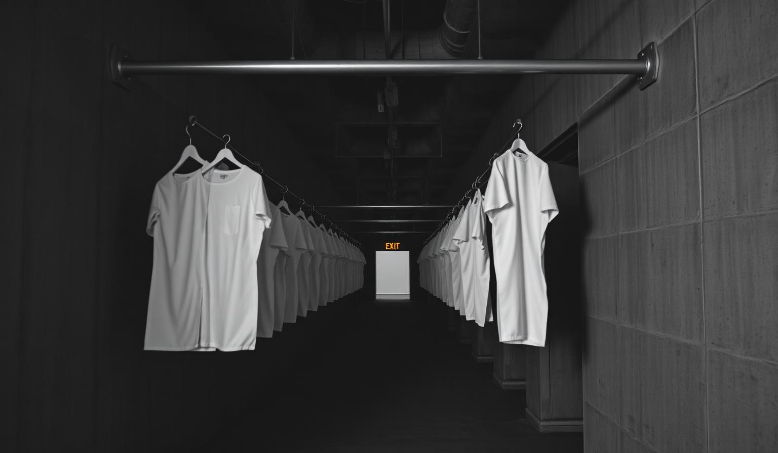 Long dark concrete corridor lined on both walls with white sample garments hanging from steel rails, terminating in a glowing orange exit sign — the wayfinding image for the FashionOS studio tour