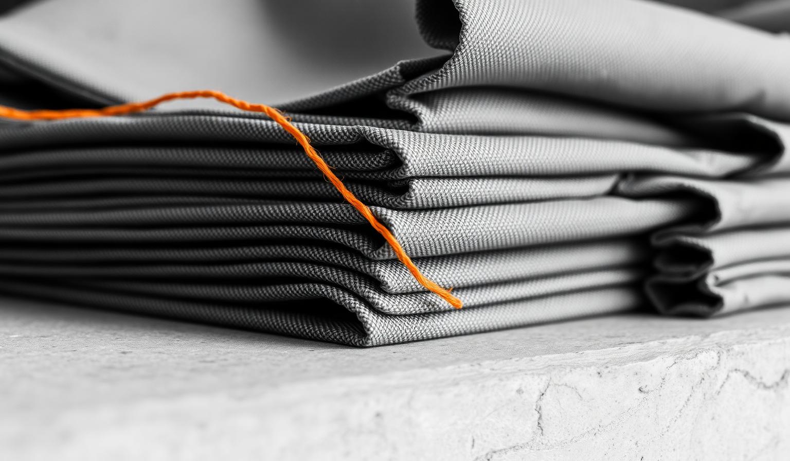 Top-down macro photograph of neatly folded technical fabric stacks in ivory and bone tones, lit from a single hard window, with one bright orange thread trailing across the topmost stack — the visual signature of the FashionOS vision page